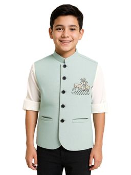 CHARCHIT - Boys Mint Green Sleeveless Embellished Nehru Jacket and Shirt