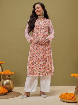 ADA - Off White Embroidered Faux Georgette Lucknowi Chikan Kurta With Slip (Set of 2) [A100425]