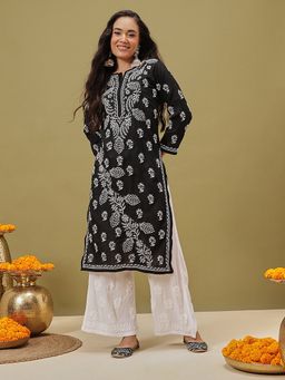 ADA - Embroidered Black Cotton Lucknow Chikan Kurta- A165744 (XS) (A165744)