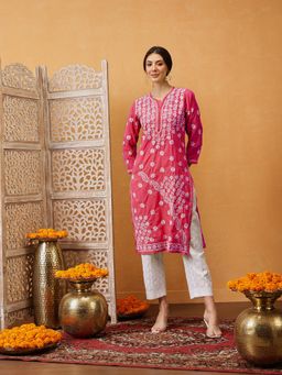 ADA - Red Casual Embroider Traditional Faux Cotton Chikankari Kurta (XS) (A100294)