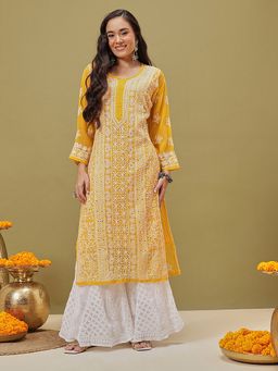 ADA - Hand Embroidered Georgette Chikankari Kurta & Slip With Muqaish Work (Set of 2) [A411220]
