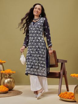 ADA - Hand Embroidered Navy Blue Georgette Lucknowi Chikankari Kurta With Slip (Set Of 2) [A411122]