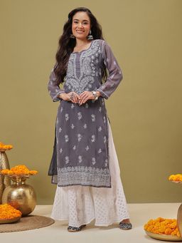 ADA - ethnic Handmade embroidery Grey Georgette Lucknow Chikankari Kurta & Slip (Set of 2) A411346