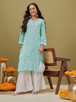 ADA - Hand Embroidered Sea Green Georgette Lucknow Chikankari Kurta With Slip (Set of 2)