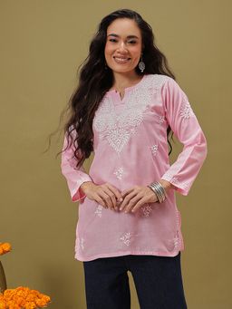 ADA - Hand Embroidered Lucknowi Chikankari Ethnic Motifs Pink Cotton Kurti