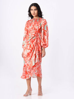 House of Soi - Orange and Green Roached Midi Dress