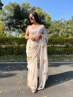 Odette - White Chiffon Silk Saree with Unstitched Blouse