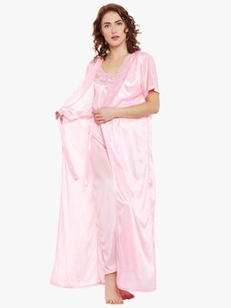 Clovia - Night Dress & Robe In Baby Pink Satin (Set of 2)