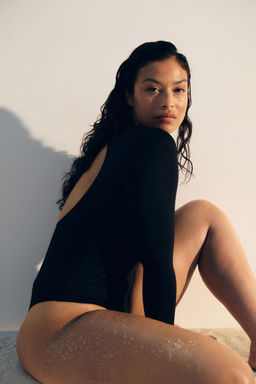 H&M - Women Black Padded-Cup Long-Sleeved Swimsuit