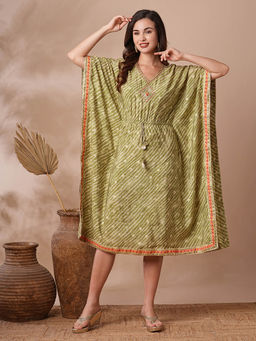 FASHOR - Lechery Foil Printed & Embroidered Kaftan Midi Dress- Green
