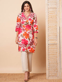 FASHOR - Floral Foil Printed & Mirror Embroidered Straight Fit Kurta- White