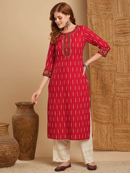 FASHOR - Stripes Printed & Embroidered Straight Kurta With Schiffli Palazzo- Red (Set of 2)