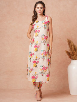 FASHOR - Floral Printed Tasselled Kurta With Pant- Off White & Multi (Set of 2)