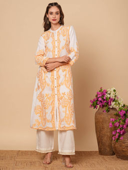 FASHOR - Floral Woven Jacquard A-Line Kurta With Palazzo- White & Mustard (Set of 2)