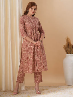FASHOR - Ethnic Floral Printed Pin Tucked A-Line Co-Ord- Brown (Set of 2)