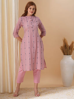 FASHOR - Ethnic Stripes Woven Straight Fit Kurta With Pant- Pink (Set of 2)
