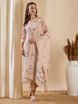 FASHOR - Floral Printed & Embroidered Straight Kurta With Pant & Dupatta- Pink (Set of 3)