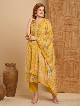 FASHOR - Floral Printed & Embroidered Straight Kurta With Pant & Dupatta- Yellow (Set of 3)