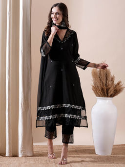 FASHOR - Woven Dobby Embroidered Kurta With Pant & Dupatta- Black (Set of 3)