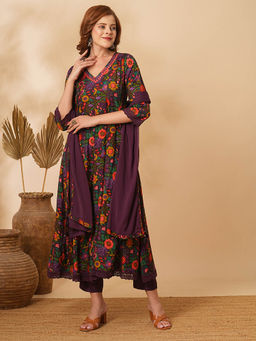 FASHOR - Floral Printed Mirror Embroidered Anarkali With Pant & Dupatta- Purple (Set of 3)