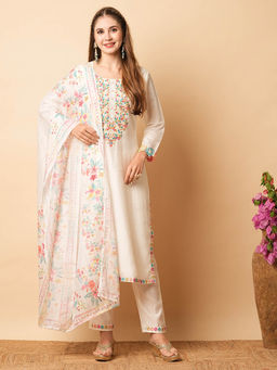 FASHOR - Floral Embroidered Kurta With Pant & Dupatta- White (Set of 3)