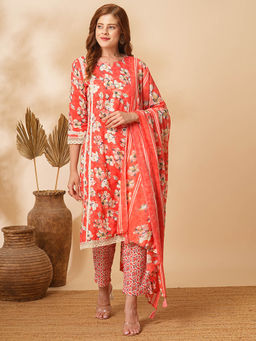 FASHOR - Floral Printed & Straight Fit Kurta With Pant & Dupatta- Orange (Set of 3)