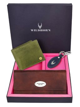 WILDHORN - Premium Leather Ladies Wallet, Mens Wallet and Keychain Gift -1K_CR_2052GNH_K (Set of 3)