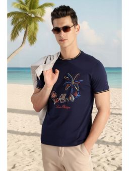 Louis Philippe - Men Navy Blue Cotton Blend Half Sleeves T-Shirt