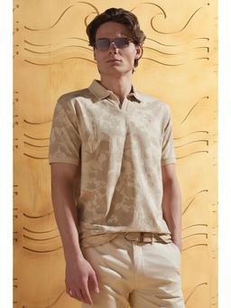 Peter England - Men Beige Cotton Blend Half Sleeves Polo T-Shirt