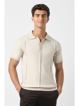 Peter England - Men Beige Cotton Blend Half Sleeves Polo T-Shirt