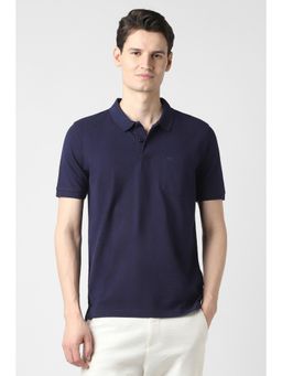 Peter England - Men Navy Blue Cotton Blend Half Sleeves Polo T-Shirt