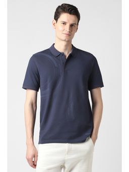 Peter England - Men Navy Blue Cotton Blend Half Sleeves Polo T-Shirt