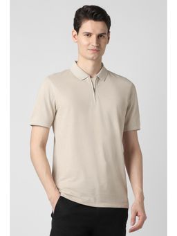 Peter England - Men Beige Cotton Blend Half Sleeves Polo T-Shirt
