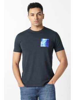 Van Heusen - Men Navy Blue Cotton Blend Half Sleeves T-Shirt