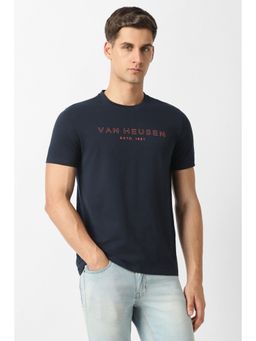 Van Heusen - Men Navy Blue Cotton Blend Half Sleeves T-Shirt
