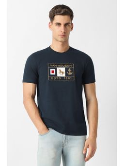 Van Heusen - Men Navy Blue Cotton Blend Half Sleeves T-Shirt