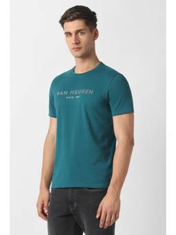Van Heusen - Men Teal Cotton Blend Half Sleeves T-Shirt