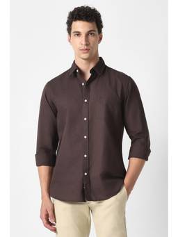 Van Heusen - Men Brown Cotton Blend Full Sleeves Shirt