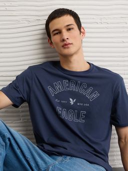 American Eagle - Men Navy Blue Cotton Blend Half Sleeves T-Shirt