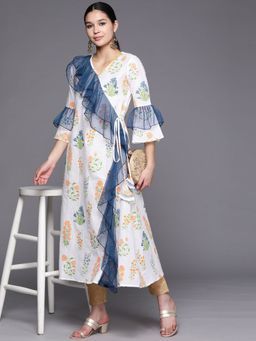 Ahalyaa - Women White Blue Printed A Line Kurta