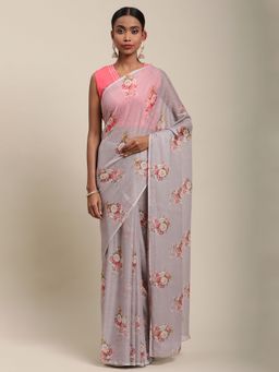 Ahalyaa - Womens Grey Chiffon Floral Digital Print Saree with Unstitched Blouse