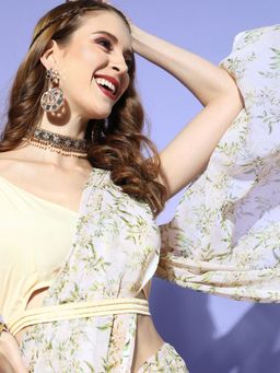 Ahalyaa - Womens Off White Chiffon Digital Print Floral Saree with Unstitched Blouse