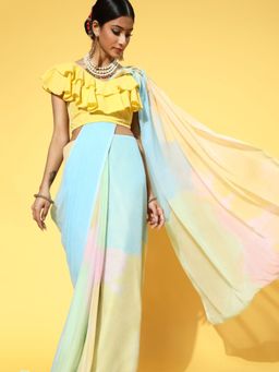 Ahalyaa - Womens Turquoise Colour Chiffon Digital Print Sareewith Unstitched Blouse