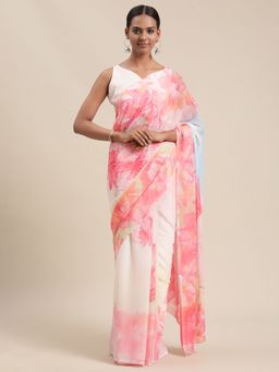 Ahalyaa - Womens Light Pink Colour Chiffon Digital Print Floral Saree with Unstitched Blouse