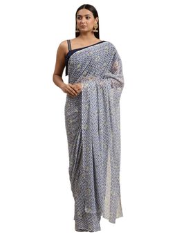Ahalyaa - Womens Navy Blue Chiffon Digital Print Chevron Saree with Unstitched Blouse