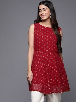 Ahalyaa - Women Red Boat Neck Printed Embellished Tunic