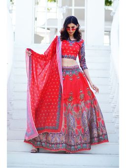 Ravi Rajoria - Women Red Printed Lehenga with Choli and Dupatta (Set of 3)