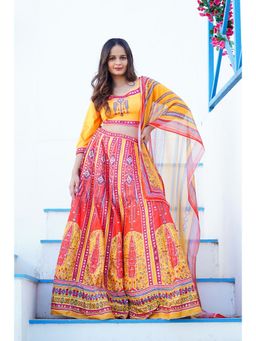 Ravi Rajoria - Women Yellow Printed Lehenga with Choli and Dupatta (Set of 3)