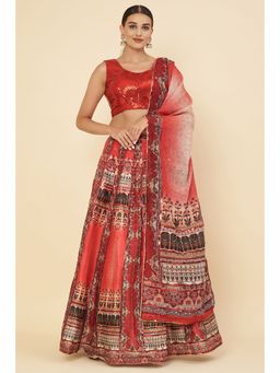 Ravi Rajoria - Women Red Printed Lehenga with Choli and Dupatta (Set of 3)