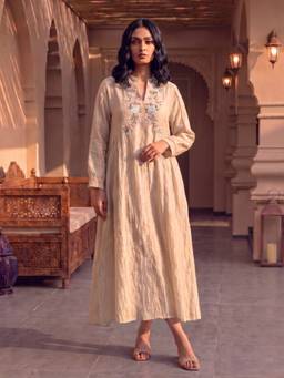 House of Fett - Ivory Parsi Embroidery Long A-Line Ethnic Dress